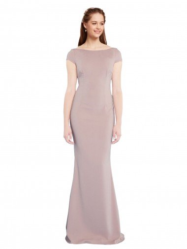 Boat Neck Cap Sleeve Crepe Prom Dress with Plunging Tie Back Canada