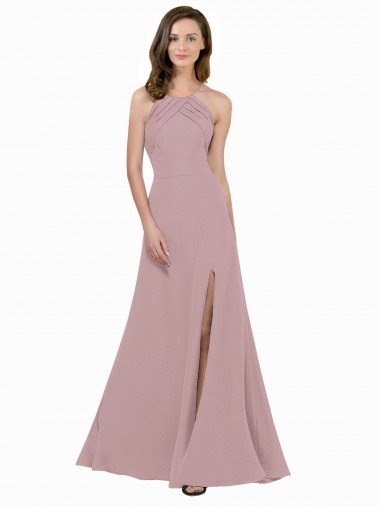 High Neck Crepe Prom Dress with Pleats and Keyhole Back Canada