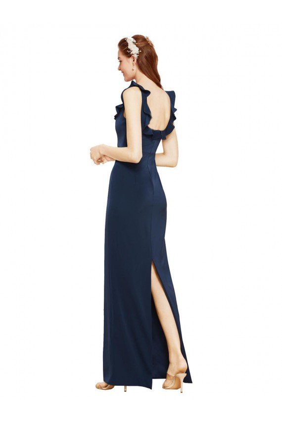 Scoop Neck with Ruffles Long Crepe Prom Dress with Back Slit