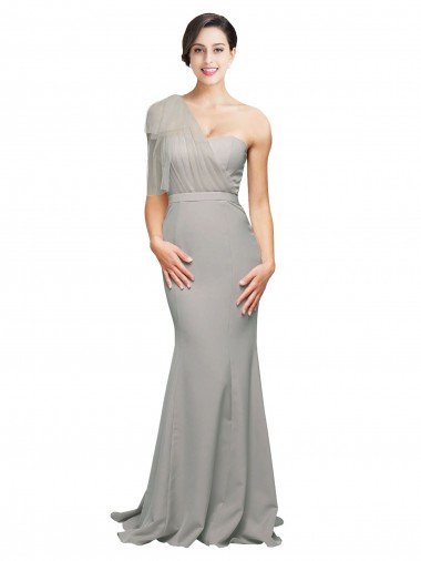 Long Sweep Train Sweetheart Crepe Prom Dress with Tulle One Shoulder Canada