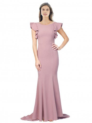 Flutter Sleeves Low V-Back High Round Neck Crepe Prom Dress Canada