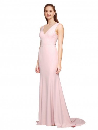 Deep V-Neckline and Back Long Sweep Train Crepe Prom Dress with Shoulder Straps Canada