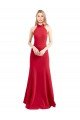 Sleek Fit and Flare High Neck Halter Stretch Crepe Prom Dress with Open Back