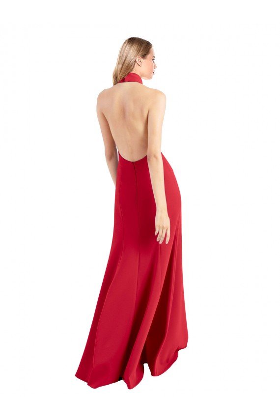 Sleek Fit and Flare High Neck Halter Stretch Crepe Prom Dress with Open Back