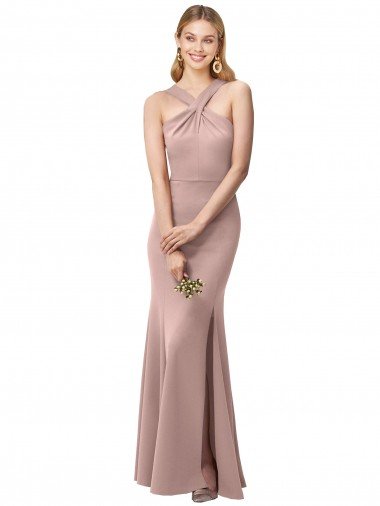 Long Floor Length High Neck Fit and Flare Stretch Crepe Prom Dress with Side Slit Canada