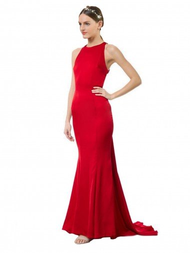 High Neck Mermaid Open Back Crepe Maxi Prom Dress with Train Detail Canada