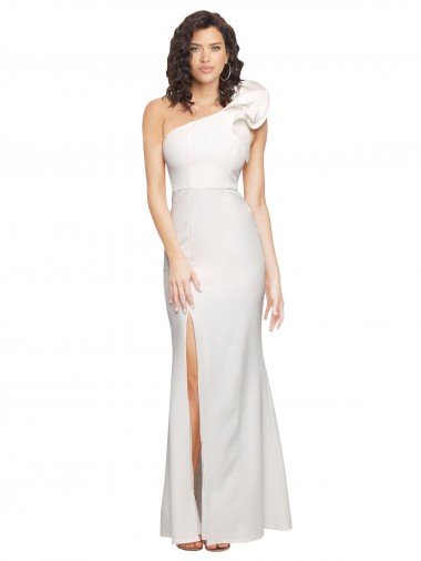 One Shoulder Long Full Length Crepe Prom Dress with Ruffles and Side Split Canada