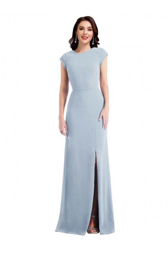 Cap Sleeve Open Back Trumpet Crepe Prom Dress with Front Slit