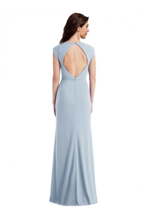 Cap Sleeve Open Back Trumpet Crepe Prom Dress with Front Slit