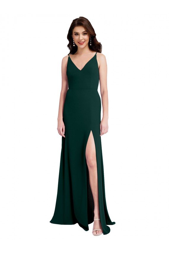 Slim A-Line V-Neck Full Length Crepe Prom Dress with Side Slit