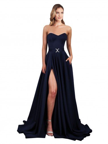 Sweetheart Neckline Low Back Long Crepe Prom Dress with High Leg Spit & Pockets Canada