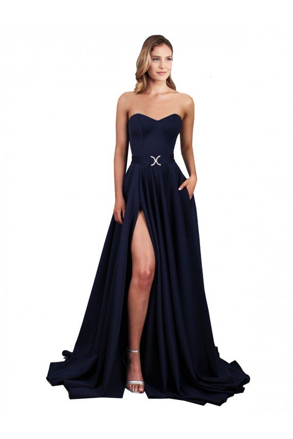 Sweetheart Neckline Low Back Long Crepe Prom Dress with High Leg Spit & Pockets