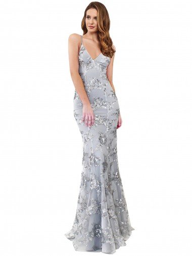 Silver V-Neckline Backless Floral Patterned Sequin Prom Dress Canada