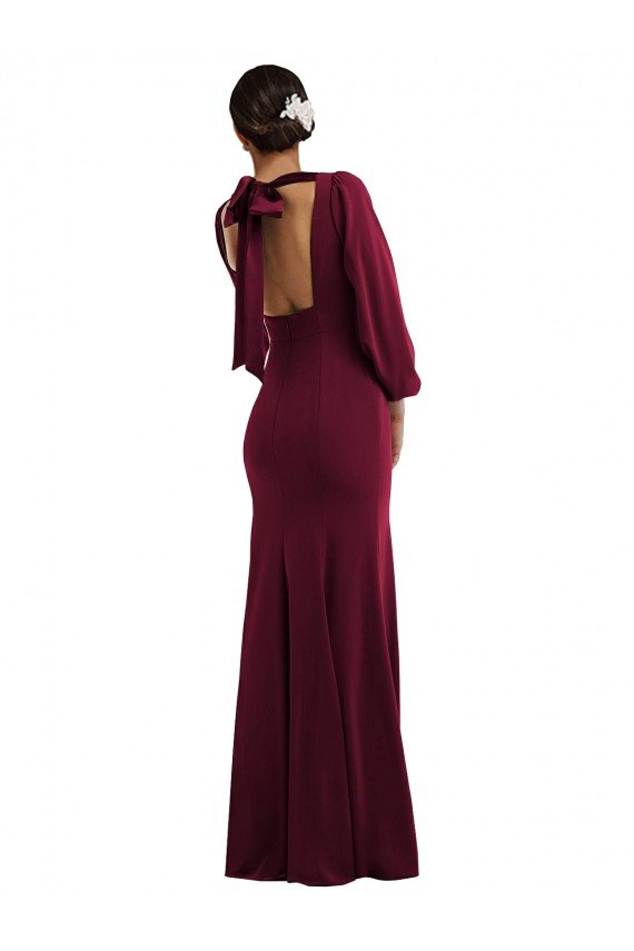 Bishop Sleeve Open Back Trumpet Crepe Prom Dress with Scarf Tie