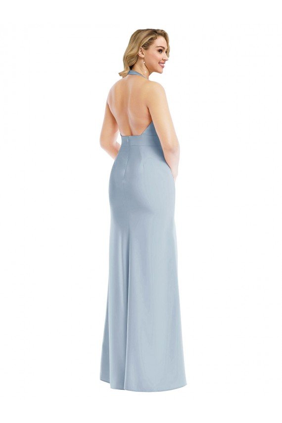 Plunge Neck Halter Backless Trumpet Prom Dress with Front Slit