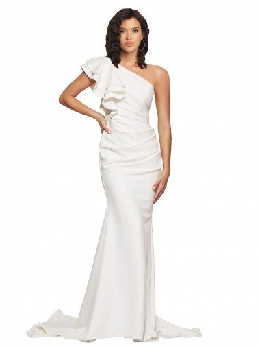 Ruched Long Sweep Train Crepe Prom Dress with Shoulder Ruffles Canada