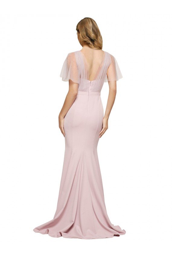 Crepe Long Sweetheart Neckline Prom Dress with Tulle Overlay Shoulders