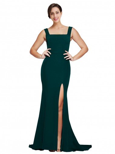 Fitted Square Neck Long Crepe Prom Dress with Train and Side Split Canada