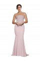 Straight Neck Long Strapless Crepe Prom Dress with Soft Tulle Overlay and Small Train