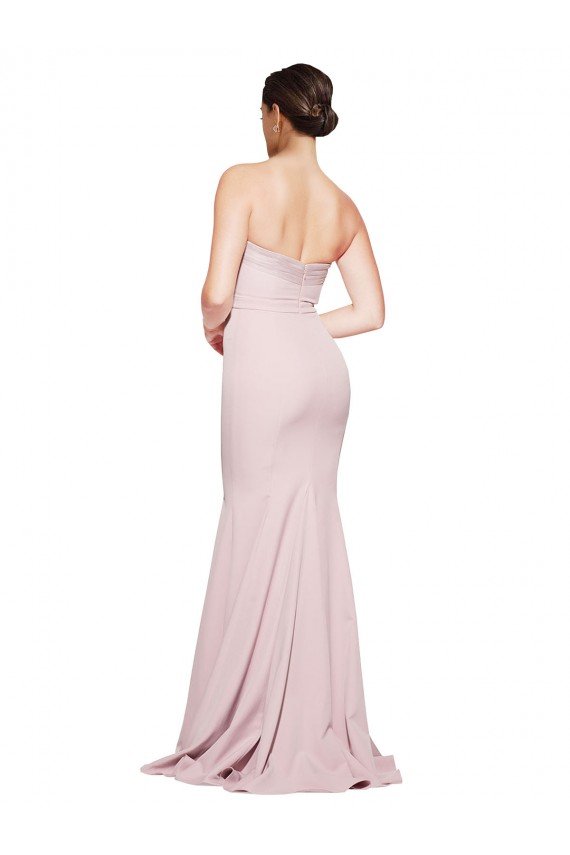 Straight Neck Long Strapless Crepe Prom Dress with Soft Tulle Overlay and Small Train