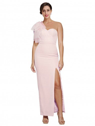 One Shoulder Tulle Overlay Sweetheart Neckline Long Crepe Prom Dress with Thigh Split Canada