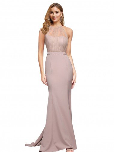 Long Sweetheart Crepe Prom Dress with High Neck Illusion Tulle Details Canada