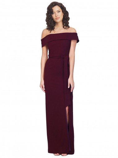 Fitted Full Length Off the Shoulder Crepe Prom Dress with Side Split and Waist Tie Canada