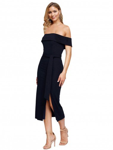 Fitted Short Midi Length Off the Shoulder Crepe Cocktail Prom Dress / Homecoming Dress with Side Split and Waist Tie Canada