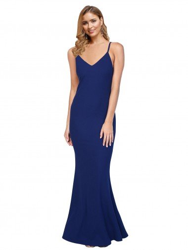 Full Length V-Neckline Crepe Prom Dress with Thin Straps and Fulted Skirt Canada