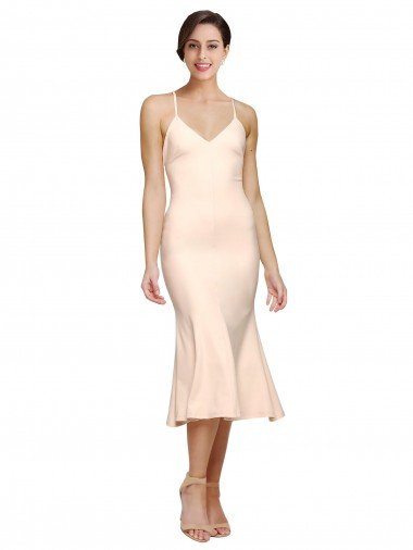 Midi Length V-Neckline Crepe Cocktail Prom Dress / Homecoming Dress with Thin Straps and Fulted Skirt Canada