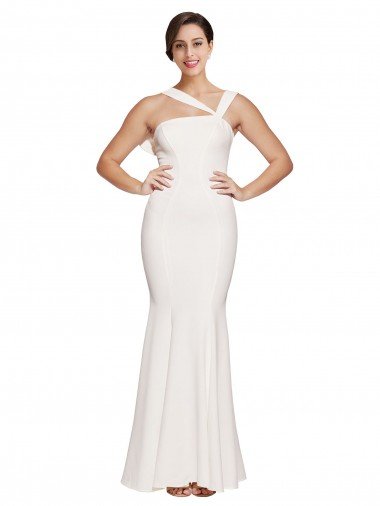 Full Length Square Neck Crepe Prom Dress with Asymmetrical Straps and Bow Back Canada