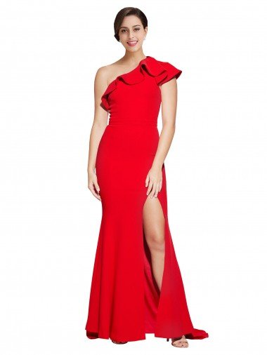 One Shoulder Long Sweep Train Crepe Prom Dress with Thigh High Split Canada