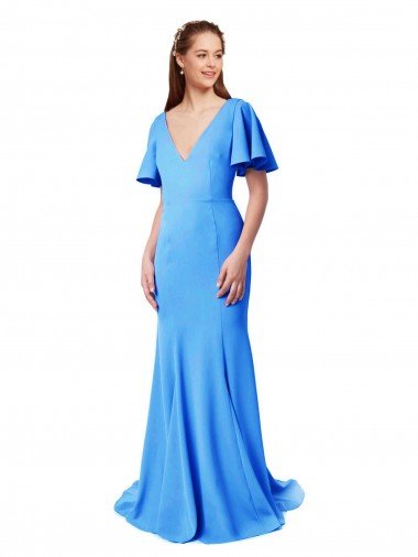 Short Sleeves Long V-Neck Crepe Prom Dress with V-Back Canada