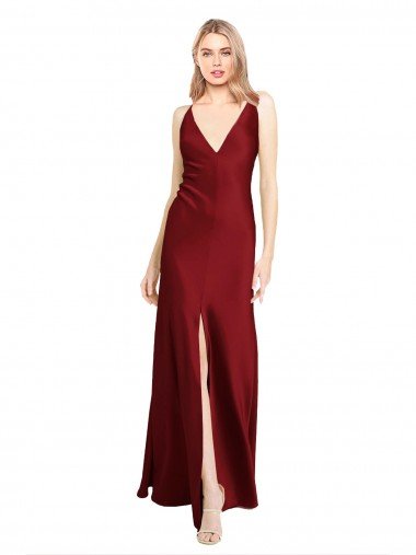 Floor Length Deep V-Back Stretch Satin Prom Dress with Front Slit Canada