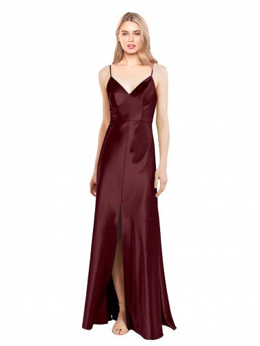 Sleek Spaghetti Straps V-Neck Stretch Satin Prom Dress with Center Front Slit Canada