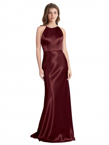 High Neck Halter Long Sleeveless Stretch Satin Prom Dress with Strappy Back Canada