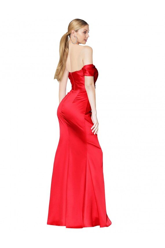 High Neck Off the Shoulder Stretch Satin Prom Dress with High Slit