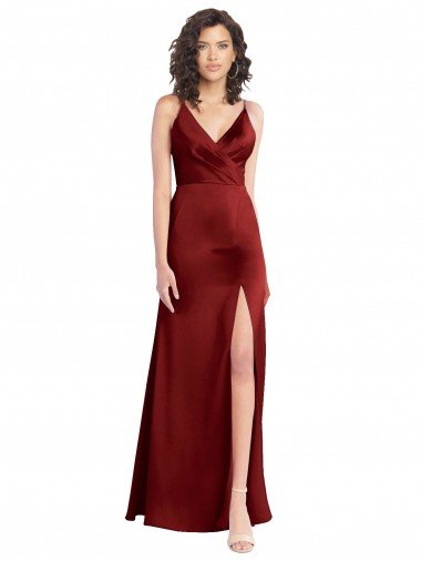 Faux Surplice Neckline Long Slim A-Line Stretch Satin Prom Dress Canada