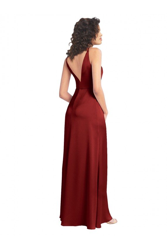 Faux Surplice Neckline Long Slim A-Line Stretch Satin Prom Dress