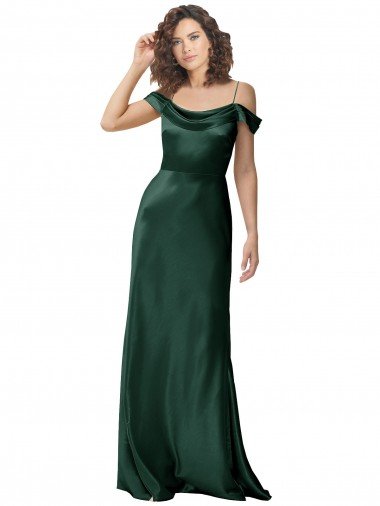 Off the Shoulder Sleeves Long Stretch Satin Prom Dress with Pleated Draped Neckline Canada