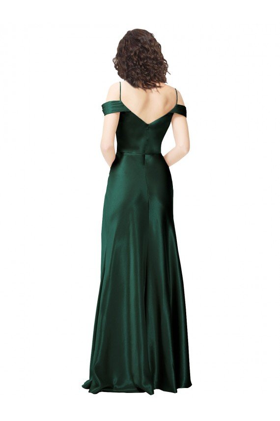 Off the Shoulder Sleeves Long Stretch Satin Prom Dress with Pleated Draped Neckline