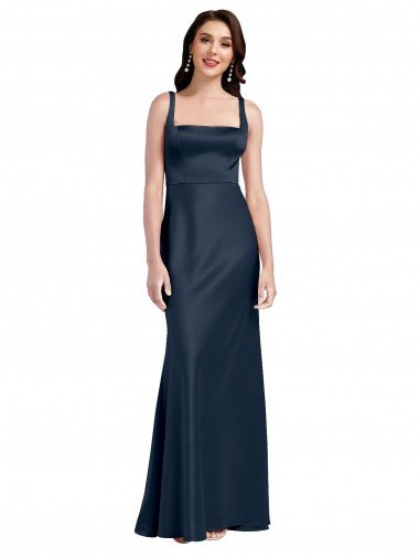 Square Neck A-Line Long Stretch Satin Prom Dress with Wide Straps Canada