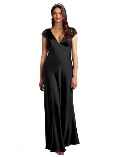 Plunging V-Neck Cap Cleeves Long Stretch Satin Prom Dress with Keyhole Back Canada