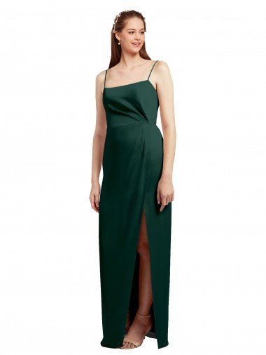 Sleek Straight Neckline Long Wrap Stretch Satin Prom Dress with Angled Pleats Canada