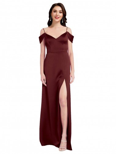 Draped Off the Shoulder Sleeves Slim A-Line Stretch Satin Prom Dress with Side Slit Canada