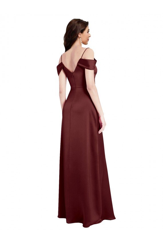 Draped Off the Shoulder Sleeves Slim A-Line Stretch Satin Prom Dress with Side Slit