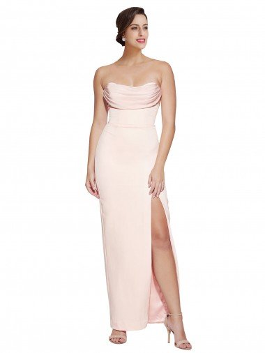 Cowl Neck Strapless Stretch Satin Prom Dress with High Split Canada