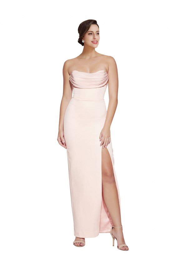 Cowl Neck Strapless Stretch Satin Prom Dress with High Split