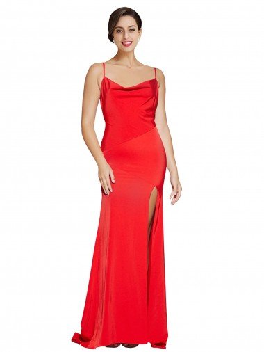 Low Back Cowl Neck Stretch Satin Prom Dress with High Side Slit Canada