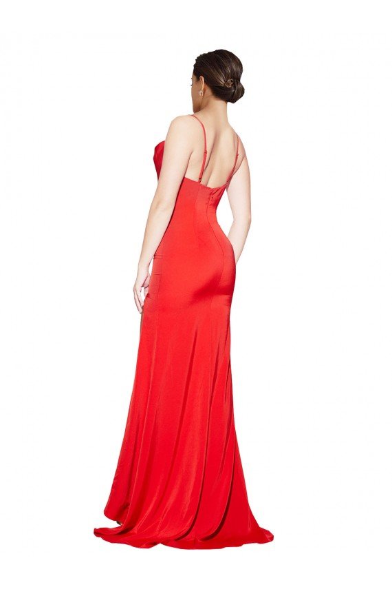 Low Back Cowl Neck Stretch Satin Prom Dress with High Side Slit